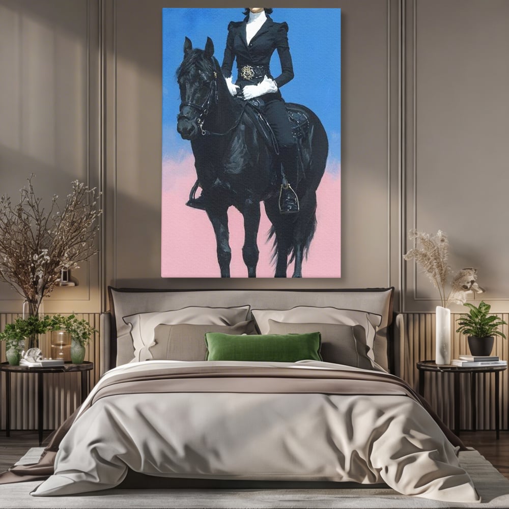 Tablou canvas cu tablou canvas cu femeie calare pe armasar, fara rama, pe sasiu de lemn, pe perete intr-un dormitor